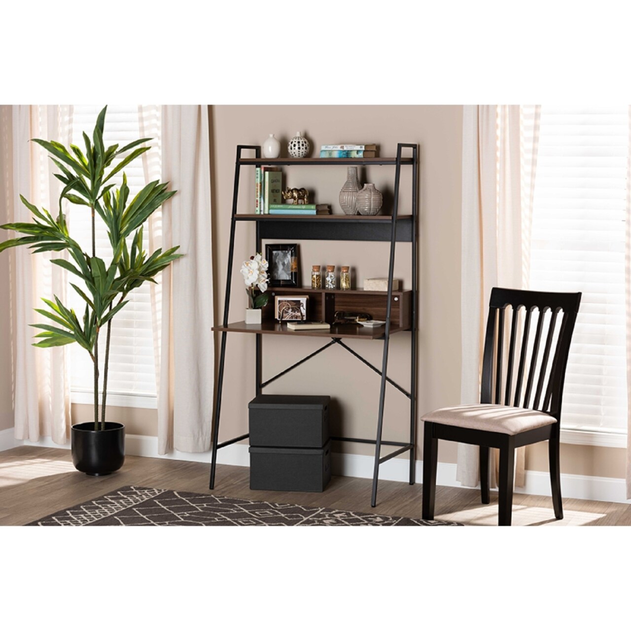 Wholesale Interiors Baxton Studio Palmira Modern Industrial Walnut Brown Finished Wood and Black Metal Desk with Shelves